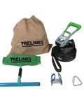 Roller Adventure Slackline Kit For Kids 36 Ft With Ninja Course Attachment and T Bar Ride, includes accessories in view.