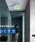 Green Led Exit Sign Emergency Light Combo With Adjustable Two Head Units Double Sided Battery Backup installed in hallway