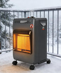 Foldable Propane Patio Heater With 18000 BTU Gas Radiant Heat for outdoor deck use in snowy conditions