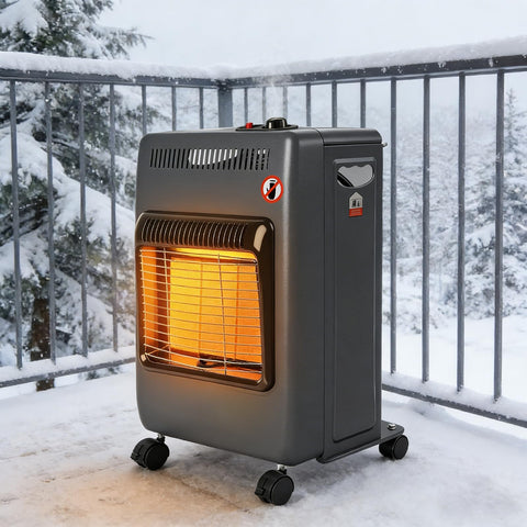 Foldable Propane Patio Heater With 18000 BTU Gas Radiant Heat for outdoor deck use in snowy conditions
