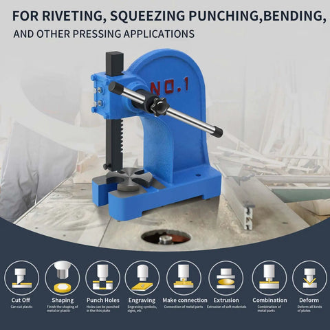 Beefy 1 Ton Manual Arbor Press For Riveting And Precision Hole Punching On A Heavy Duty Cast Iron Desktop Base With Stable Four Hole Mount And A Five And A Half Inch Maximum Height blue in operation on a workbench