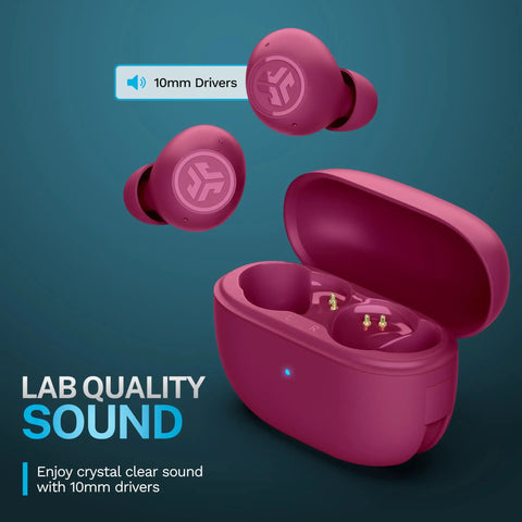 Go Pop ANC True Wireless Earbuds With Charging Case In Fuchsia, Active Noise Cancelling, 10mm Drivers on display