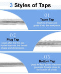 Top Shelf High Speed Steel Hand Tap Set Featuring Taper Plug And Bottoming Styles, showing three types of taps for thread cutting.