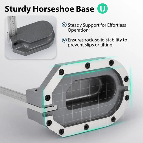 Digital Height Gauge Pro Grade With 0.01mm Resolution And 0.02mm Tolerance In ABS And INC Modes 12 Inch Range Heavy Duty Cast Iron Base For Rock Solid Machining And Quality Control showing sturdy horseshoe base.