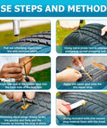 Guide to using Heavy Duty Tire Repair Kit 45 Piece Set For Cars, RVs, SUVs, Trucks And Motorcycles with tools and steps visible.