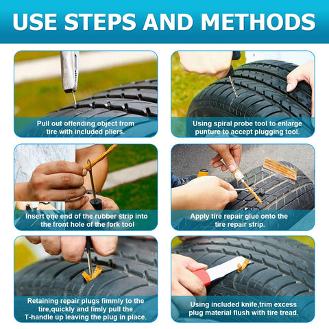 Guide to using Heavy Duty Tire Repair Kit 45 Piece Set For Cars, RVs, SUVs, Trucks And Motorcycles with tools and steps visible.