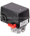 OEM Equivalent Four Port Pressure Switch 140 175 PSI Two Pole 120 240V For Air Compressors side view with black casing.