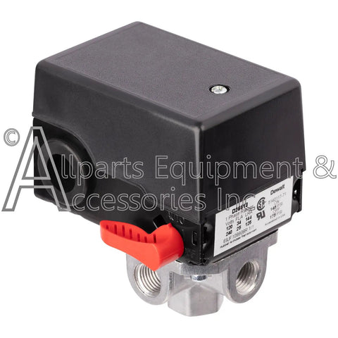 OEM Equivalent Four Port Pressure Switch 140 175 PSI Two Pole 120 240V For Air Compressors side view with black casing.