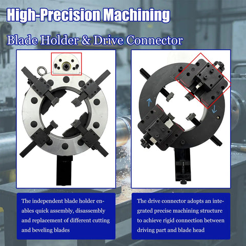 Heavy Duty External Clamp Pipe Beveling Machine With No Fuss Setup And Top Shelf Electric Pipe Cutting For Steel Tubing In 2 To 6.6 Inch Range Running On 220V Single Phase Power Supply blade holder and drive connector details in workshop.