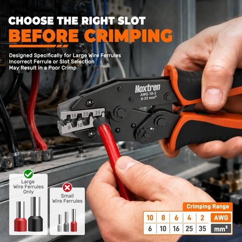Heavy Duty Ferrule Crimping Tool For Large Wire Ferrules AWG 10 To 2 And 6 To 35 Mm2 Pro Grade Build For Electricians And Do It Yourself Projects With Easy Grip And Durable Construction, crimping red ferrule in control panel