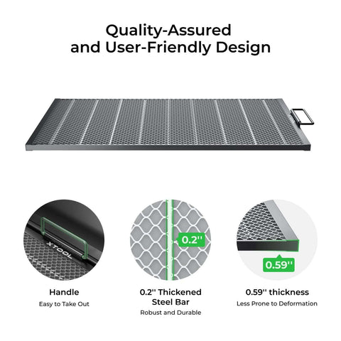 xTool P2 Honeycomb Working Panel 2.0 with metal honeycomb grid and side handle; XTOOL logo