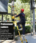 Badass Fiberglass Telescoping Ladder Adjustable Extension Step Ladder For Roof Work Smooth Scaling Design used by a worker outdoors.