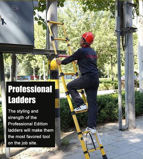 Person using Top Shelf Fiberglass Telescoping Extension Ladder For Roof Access And Outdoor Chores Height Adjustable with Secure Grip.
