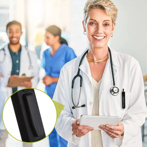 Doctor holding tablet with ECG Calipers With Ruler Black Measuring Tool, EKG Caliper Divider for Electrocardiographs in pocket, medical setting