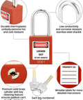 Close-up of red lock from Lockout Tagout Box Kit With 10 Keyed LOTO Locks, showing thermoplastic body and brass cylinder with keys.