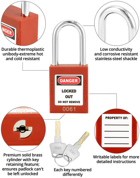 Close-up of red lock from Lockout Tagout Box Kit With 10 Keyed LOTO Locks, showing thermoplastic body and brass cylinder with keys.