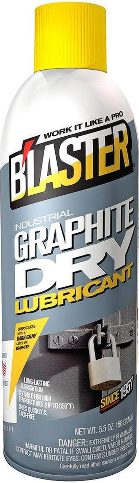 Graphite Dry Lubricant 5.5 Oz can with quick dry film for rubber, metal, wood, and plastic, ideal for industrial jobs.