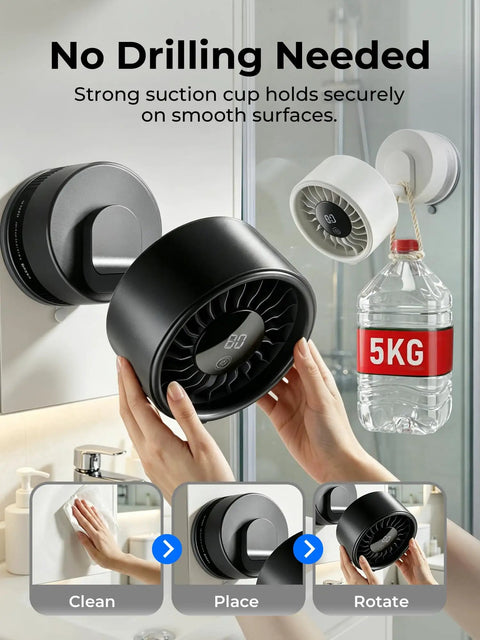 Compact USB Desk And Wall Mount Fan With Suction Cup Base And Digital LED Display Six Speeds Quiet Oscillating Motion Adjustable Tilt