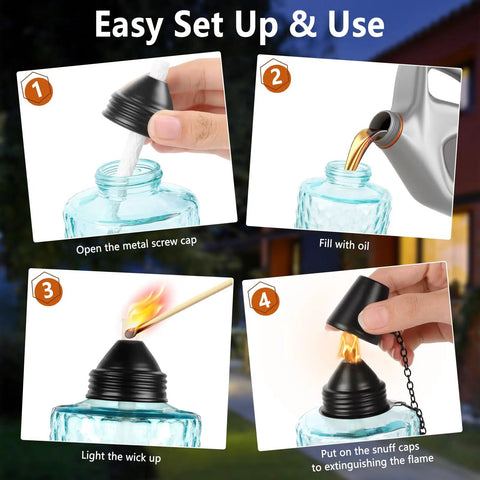 Tabletop Citronella Torches 4 Pack For Outdoor Lighting, Glass Torch Canisters With Wick And Cap, 12oz Each, setup steps