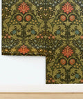Fresh Retro Botanical Wallpaper With Dope Blue And Gold Metallic Finish, 2x27 ft roll, floral pattern on dark background.