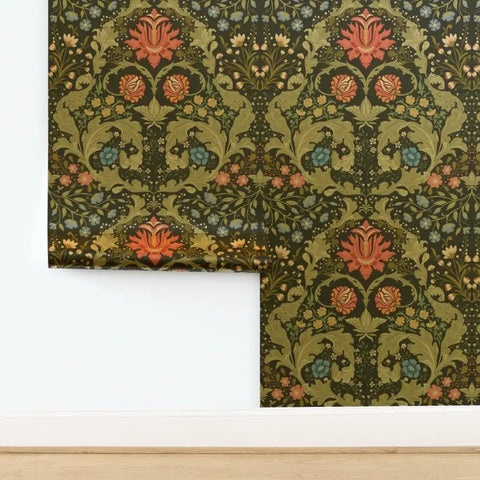 Fresh Retro Botanical Wallpaper With Dope Blue And Gold Metallic Finish, 2x27 ft roll, floral pattern on dark background.