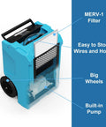 Commercial Grade Dehumidifier With 110 Pint Daily Capacity And Built In Condensate Pump For Large Basements Warehouses Garages And Gyms showing MERV-1 filter and big wheels.