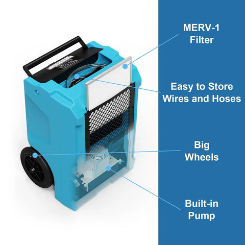 Commercial Grade Dehumidifier With 110 Pint Daily Capacity And Built In Condensate Pump For Large Basements Warehouses Garages And Gyms showing MERV-1 filter and big wheels.
