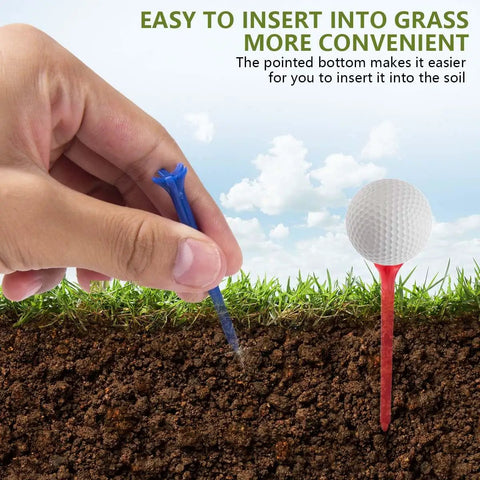 Inserting assorted color plastic golf tees 2.8 inch length into grass, highlighting ease and convenience, durability shown.