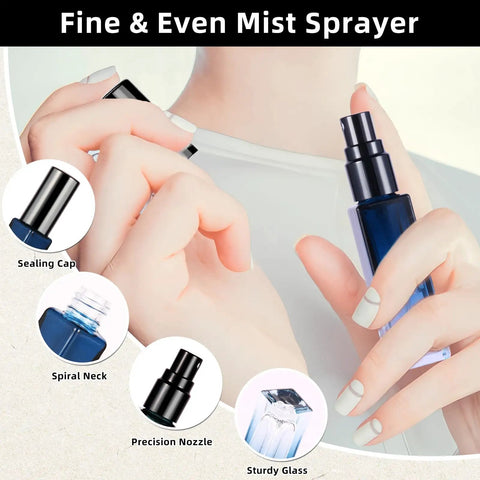 Hand holding one of the Four Glass Perfume Spray Bottles Set Refillable Travel Size Atomizers With Fine Mist Leak Proof Portable Cologne Sprayer Kit.
