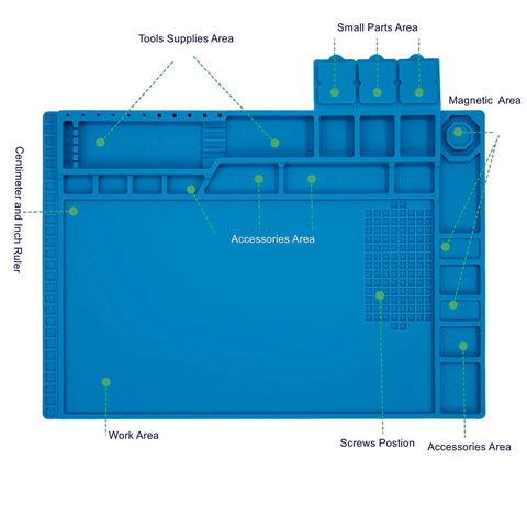 Top view of Blue Magnetic Soldering Work Mat Pro Grade Large Heat Resistant Silicone Repair Pad Up To 932F with labeled sections