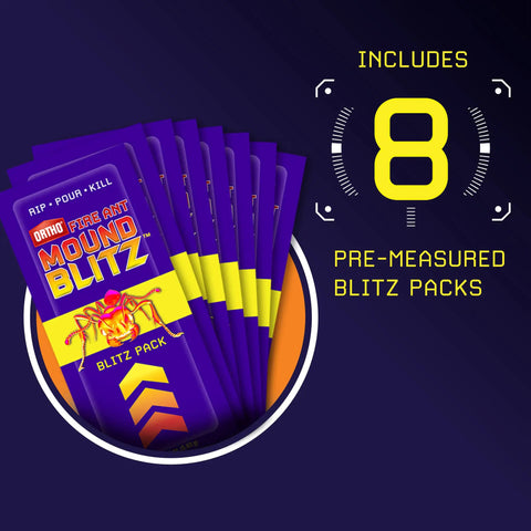 Fire Ant Mound Blitz Fire Ant Killer For Lawns Gardens And Ornamental Plants, 8 pre-measured packs shown with bold graphics