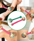 Woman using Two Piece Long Herbal Massage Hammer For Lymphatic Drainage And Back Muscle Relief Manual Handheld Massager