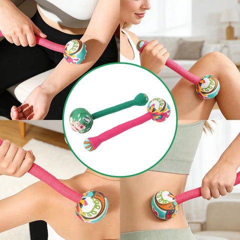 Woman using Two Piece Long Herbal Massage Hammer For Lymphatic Drainage And Back Muscle Relief Manual Handheld Massager