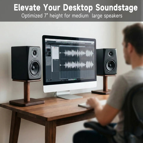Solid Wood Desktop Speaker Stands With Natural Style And 360 Degree Rotatable Top Plate For Medium To Large Desk Speakers And Studio Monitors In Walnut Brown Finish on a desk with speakers and a computer screen.