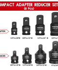 Pro Grade Eight Piece Impact Socket Adapter And Reducer Set With Heavy Duty Steel Build, detailed view showing various sizes and connections.