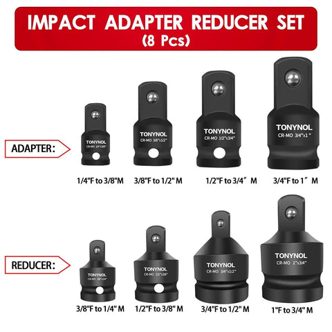 Pro Grade Eight Piece Impact Socket Adapter And Reducer Set With Heavy Duty Steel Build, detailed view showing various sizes and connections.