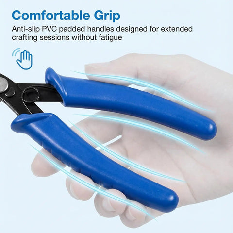 Hand holding crimping pliers for jewelry making and bead crimp tool for delicate beading with 2mm to 5mm beads, easy grip handle