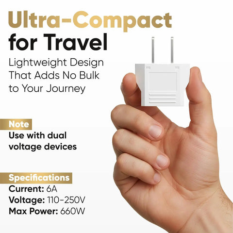 Hand holding Small European To American Outlet Plug Adapter For Europe To USA Canada Travel Power Plug Schuko Type E And Type F Compatible White Ultra Compact 1 Pack Easy Plug In For Multi Device Use, showing compact design and specs.