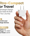 Hand holding EU To US Travel Plug Adapter 220V To 110V Converter Type A 2 Pack For Europe To USA Canada Mexico.