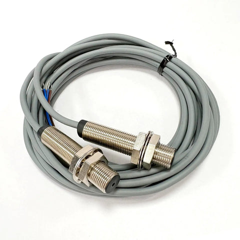 Ultra Compact Photoelectric Switch With Laser Beam, Through-Beam Reflective Optical Sensor, M12, 0-50M Range, NPN NO, 3-Wire DC12-24V, 650nm Laser, Tiny Footprint, 5ms Fast Response, two M12 sensors with gray cable