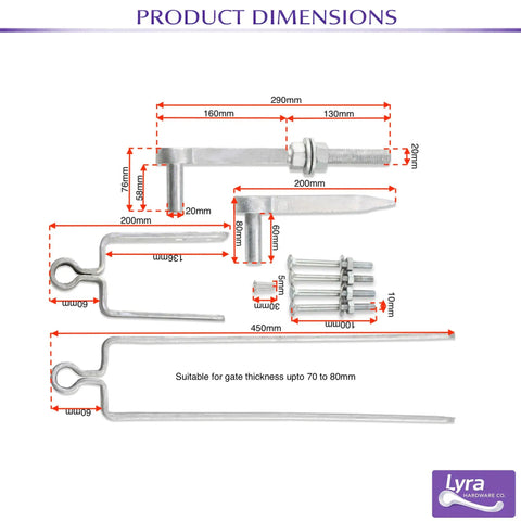 Heavy Duty Adjustable Double Strap Field Gate Hinge Set, 18 Inch 450mm, with straps, bolts, hooks, and dimensions visible
