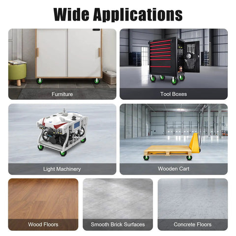8 Inch Pneumatic Caster Set Two Swivel Two Rigid Heavy Duty Air Tire Wheels For Utility Carts displayed on furniture and tool boxes.