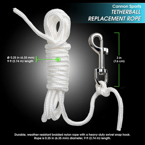 Rugged Tetherball Replacement Rope With Swivel Snap Hook 9 Ft White Braided Nylon Cord One Quarter Inch Inch Thick Low Stretch Weather Resistant For Consistent Play In Outdoor Backyards, Schools, And Playgrounds. white braided nylon rope with swivel snap hook, 9 ft, 0.25 in thick