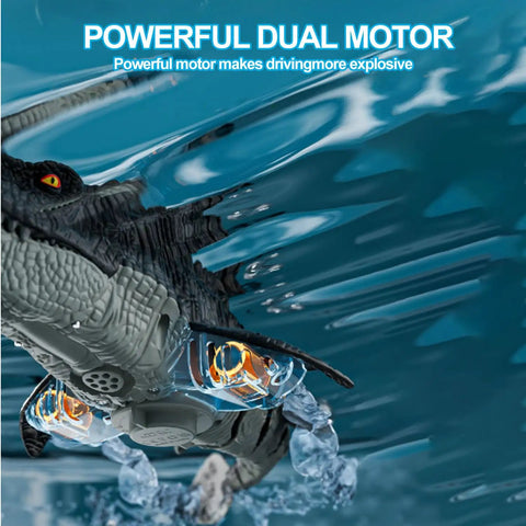 Bottom view of 2.4G Mosasaurus RC Toy With HD Camera And App Control showing dual motors in action underwater.