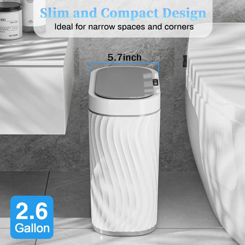 Touchless Motion Sensor Trash Can With Lid Slim 2.6 Gallon Waterproof Garbage Bin For Bathroom Bedroom Restroom Living Room And Office Battery Operated Quiet Space Saving in bathroom setting, showing slim design and compact size.