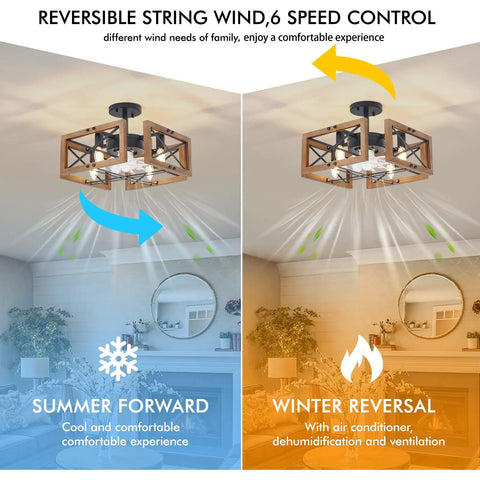 Reversible Dope Wood Flush Mount Ceiling Fan With Lights And Remote, illustration showing summer forward and winter reversal modes.