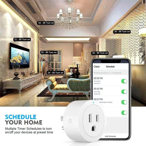 Living room showing Smart Plug 4 Pack WiFi Outlet Compatible With Alexa And Google Home No Hub Required Hands Free Voice Control App Remote Control 2.4G WiFi Only ETL FCC Certified Great For Lamps And Small Appliances with smart scheduling app on phone