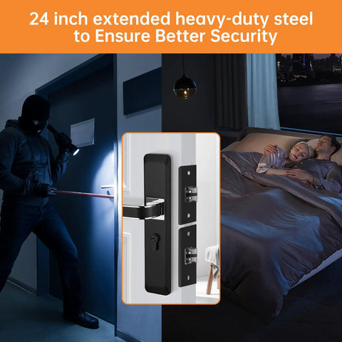 Built Like A Tank Five Piece Door Reinforcement Kit For Jamb And Frame With Hinge Guard Security Latch Stopper To Block Kick Ins And Secure Weak Wood Frames Today, showing 24 inch heavy-duty steel lock installation.