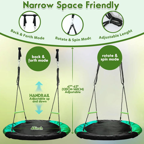 Spacious 48 Inch Saucer Swing For Backyards And Trees The Ultimate Backyard Hangout showing adjustability and space-saving design.
