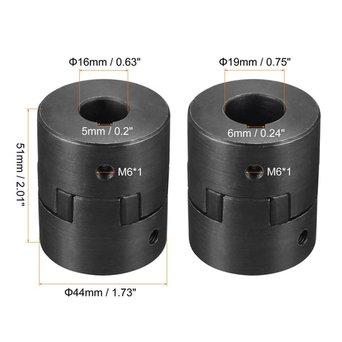 Flexible Coupling Shaft 16mm To 19mm Bore, 51mm Long, 44mm Outer Diameter, 5mm To 6mm Slot Width, Motor Coupler Joint, 45 Steel
